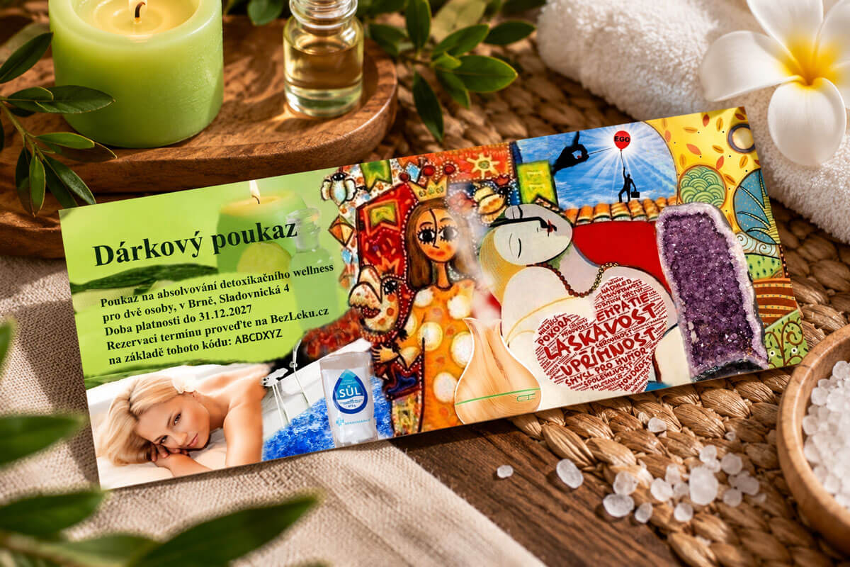 Dárkový poukaz na Detoxikační wellness v Brně na podkladu s wellness dekoracemi